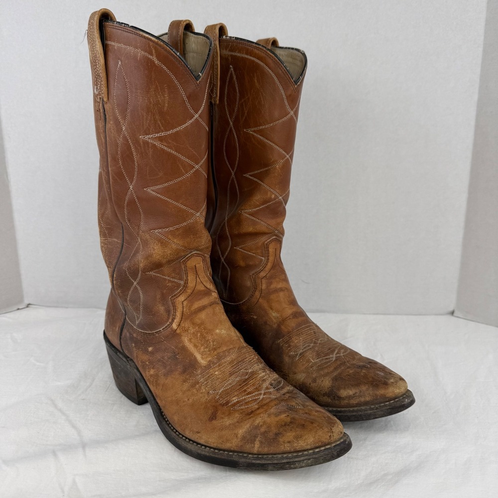Vintage Dan Post Tan Leather Western Cowboy Boots Mens 8.5 D Distressed USA